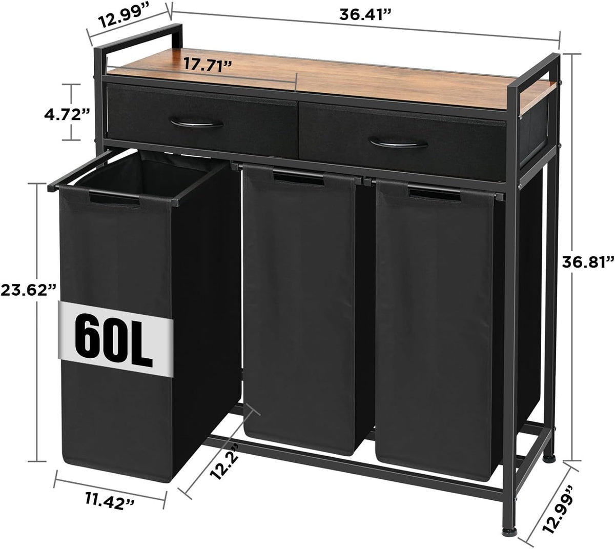 180L Laundry Sorter Hamper Basket 3 Section with Shelf & 2 Drawers