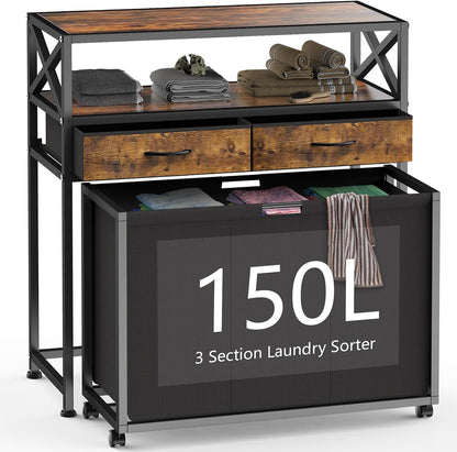 180L Laundry Sorter Hamper Basket 3 Section with Shelf & 2 Drawers