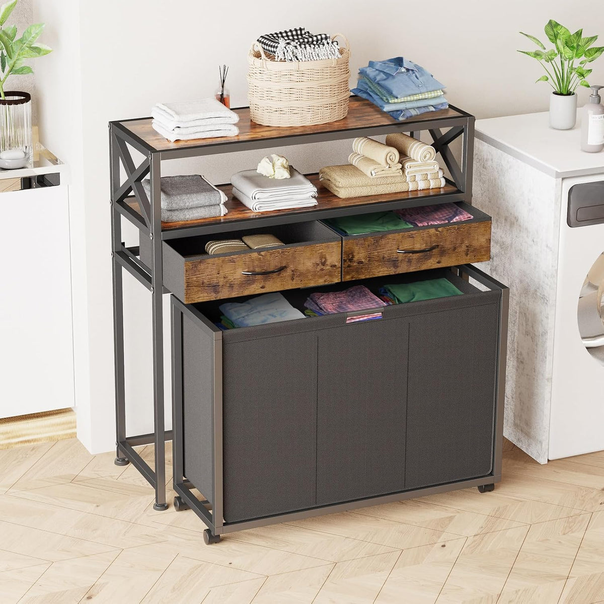 180L Laundry Sorter Hamper Basket 3 Section with Shelf & 2 Drawers