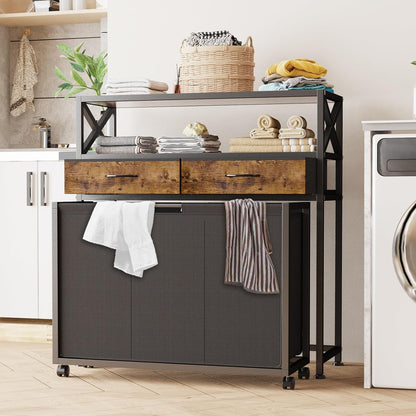 180L Laundry Sorter Hamper Basket 3 Section with Shelf & 2 Drawers