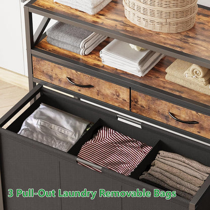 180L Laundry Sorter Hamper Basket 3 Section with Shelf & 2 Drawers