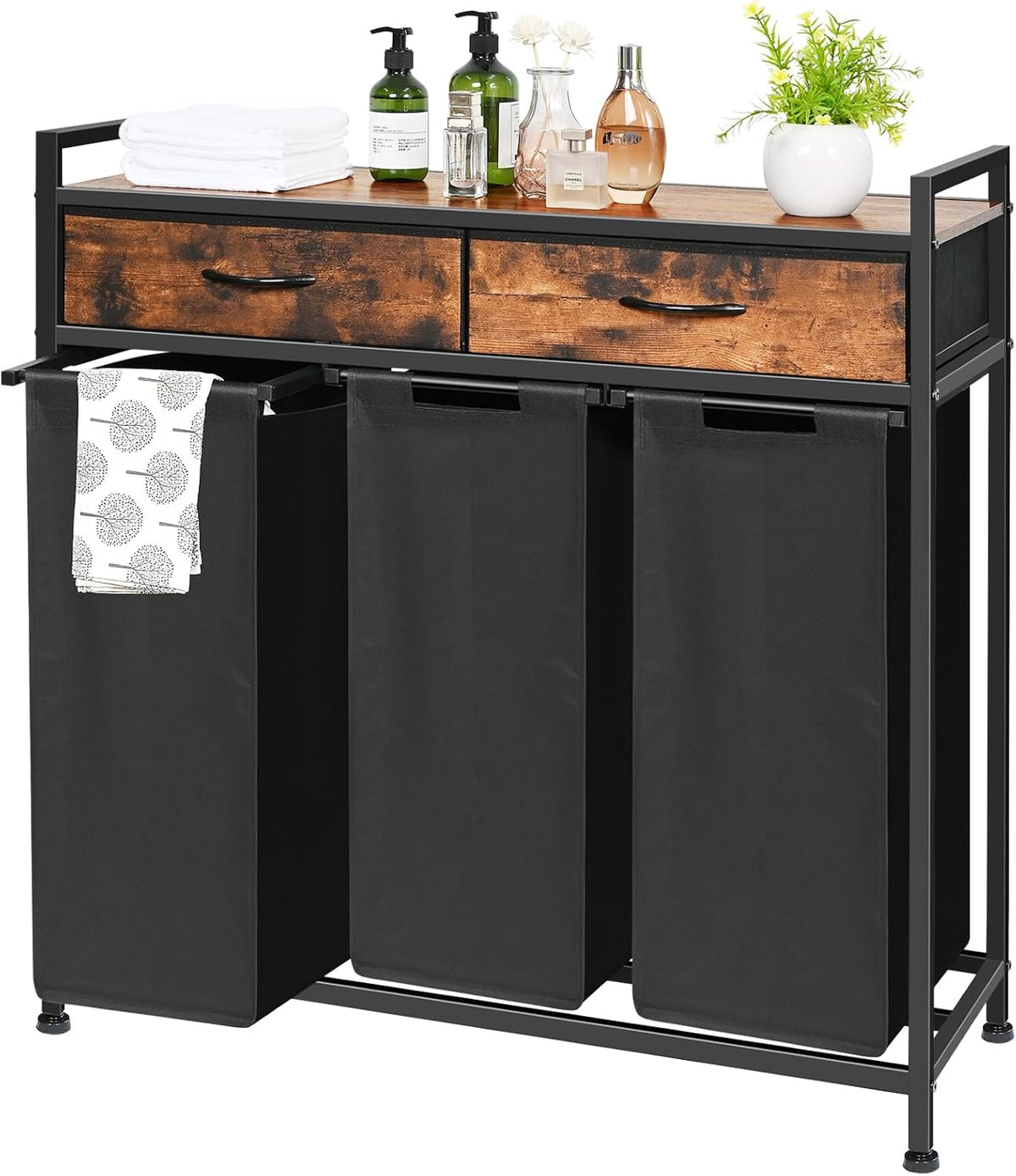 180L Laundry Sorter Hamper Basket 3 Section with Shelf & 2 Drawers