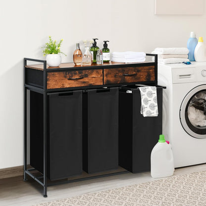 180L Laundry Sorter Hamper Basket 3 Section with Shelf & 2 Drawers