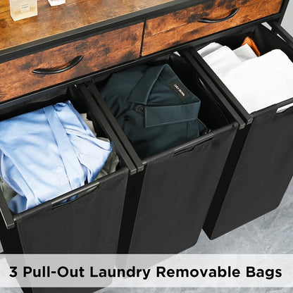180L Laundry Sorter Hamper Basket 3 Section with Shelf & 2 Drawers