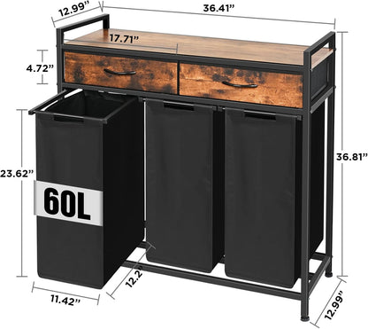 180L Laundry Sorter Hamper Basket 3 Section with Shelf & 2 Drawers