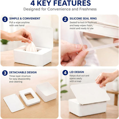 2 Pack Diaper Wipes Dispenser with Sealing Lid, Refillable Wet Wipes Container, Non-Slip Wipe Holder for Bathroom, Car & Travel, Black & White