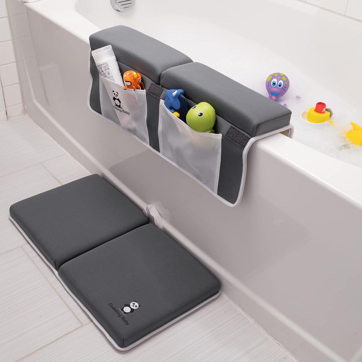 Bath Kneeler & Elbow Rest Pad Set, Non-Slip with Storage Pockets, Gray