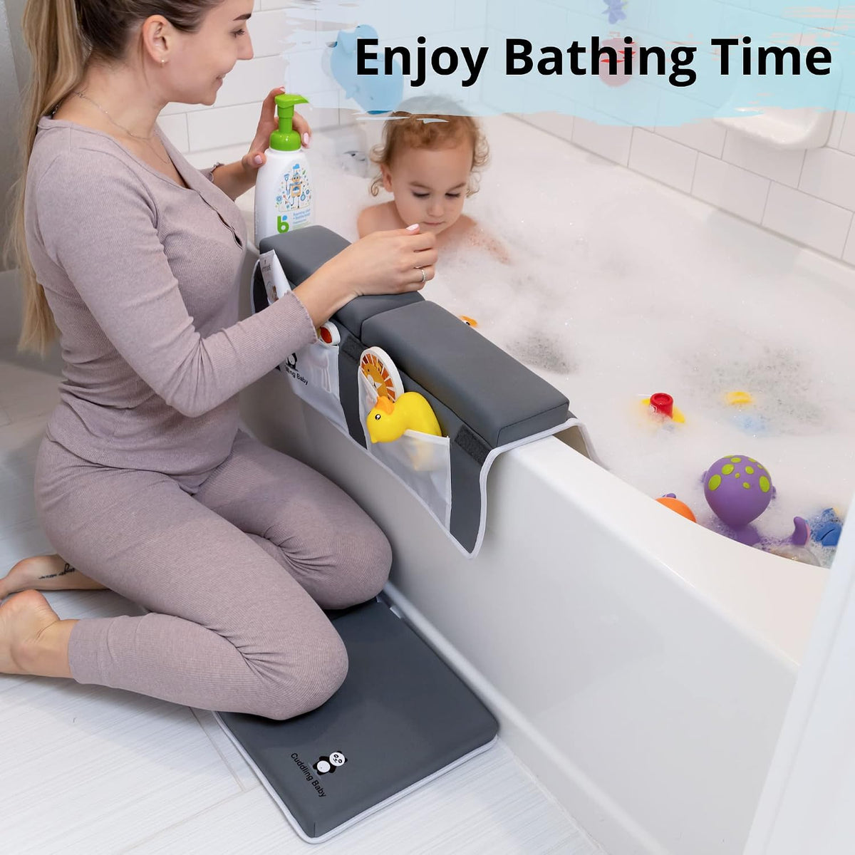 Bath Kneeler & Elbow Rest Pad Set, Non-Slip with Storage Pockets, Gray