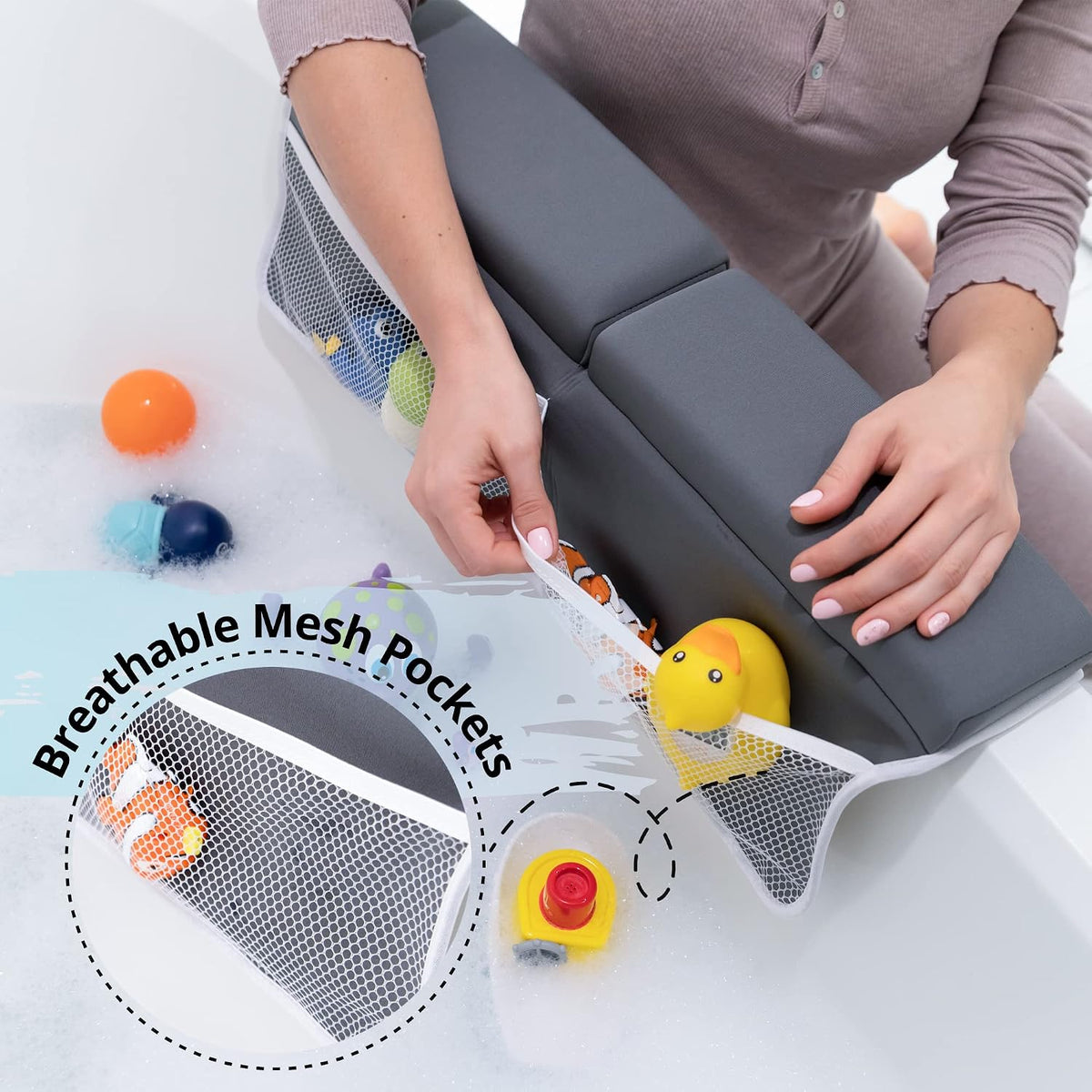 Bath Kneeler & Elbow Rest Pad Set, Non-Slip with Storage Pockets, Gray