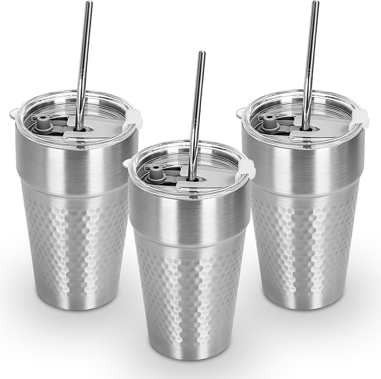 15oz Stainless Steel Tumbler with Lid and Straw for Wine, Coffee, Water | 3 Pack Double Wall Vacuum Insulated Drinking Glasses, Sweat-Proof Metal Cup Suitable for Ice Drinks and Hot Beverage