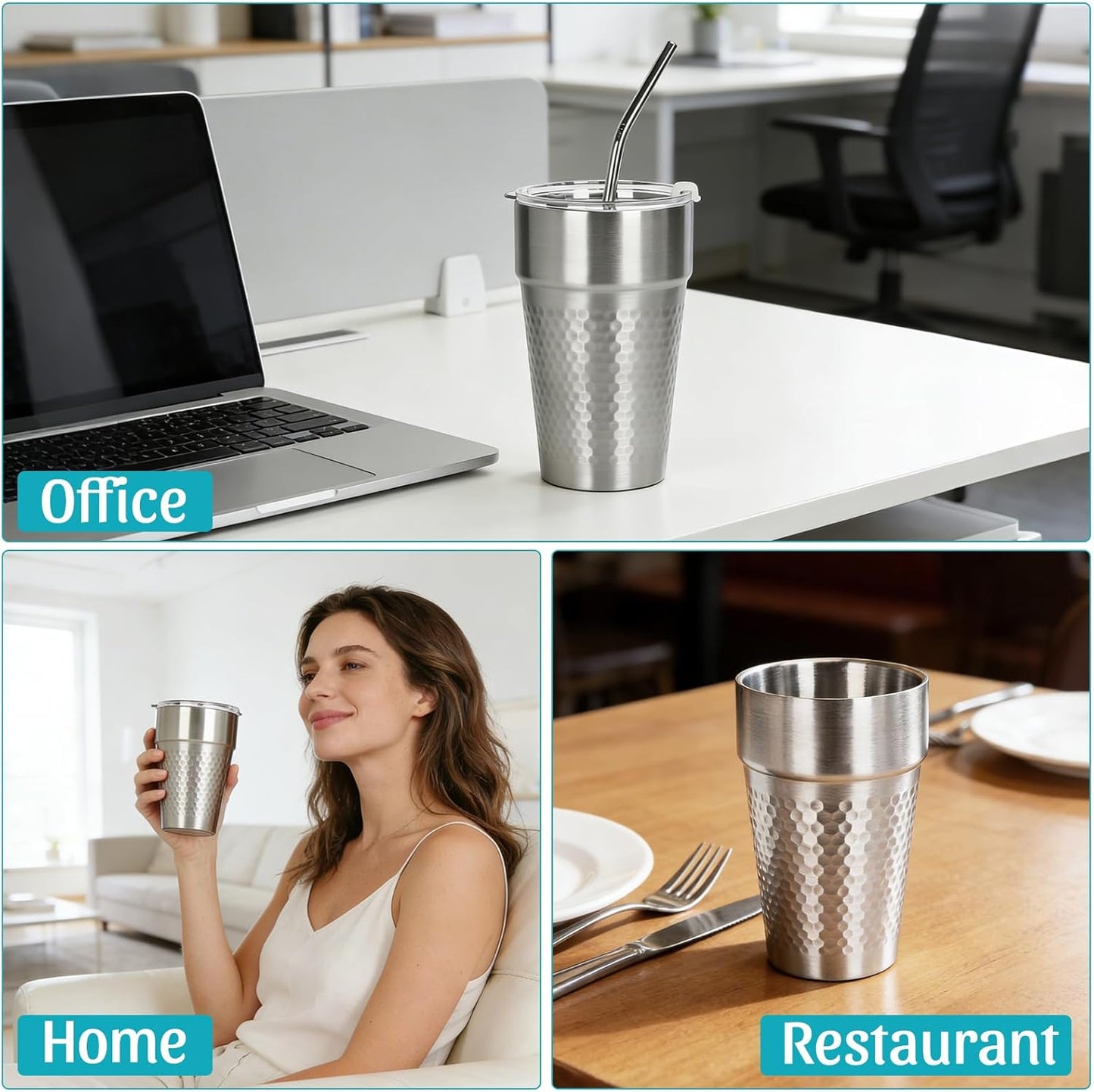 15oz Stainless Steel Tumbler with Lid and Straw for Wine, Coffee, Water | 3 Pack Double Wall Vacuum Insulated Drinking Glasses, Sweat-Proof Metal Cup Suitable for Ice Drinks and Hot Beverage