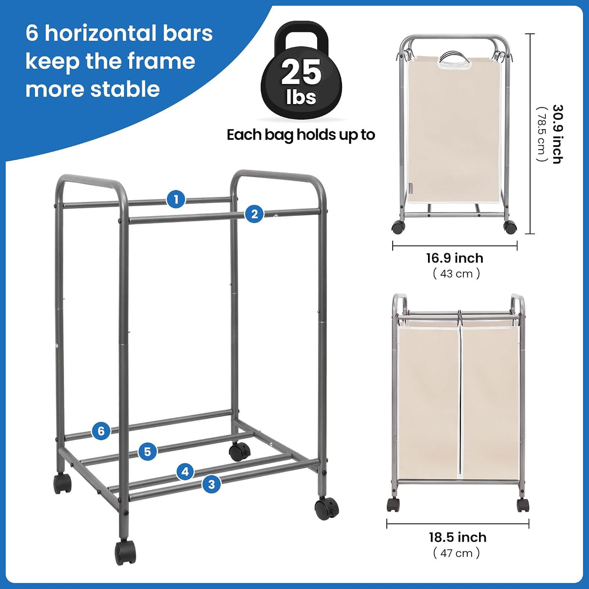 3 Section Laundry Sorter, 35.6 Gal (135 L) Laundry Hamper Cart with Heavy Duty Rolling Lockable Wheels and Removable Bags, Clothes Organizer Basket Separator Hamper, Gray