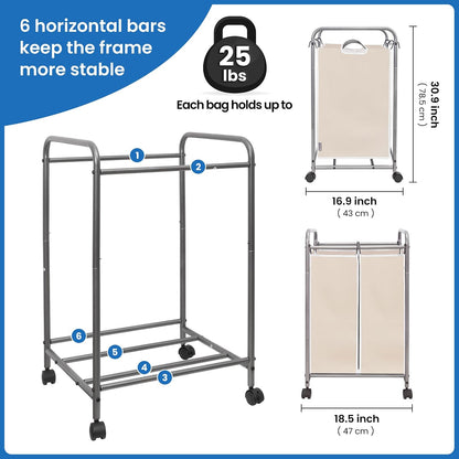 3 Section Laundry Sorter, 35.6 Gal (135 L) Laundry Hamper Cart with Heavy Duty Rolling Lockable Wheels and Removable Bags, Clothes Organizer Basket Separator Hamper, Gray