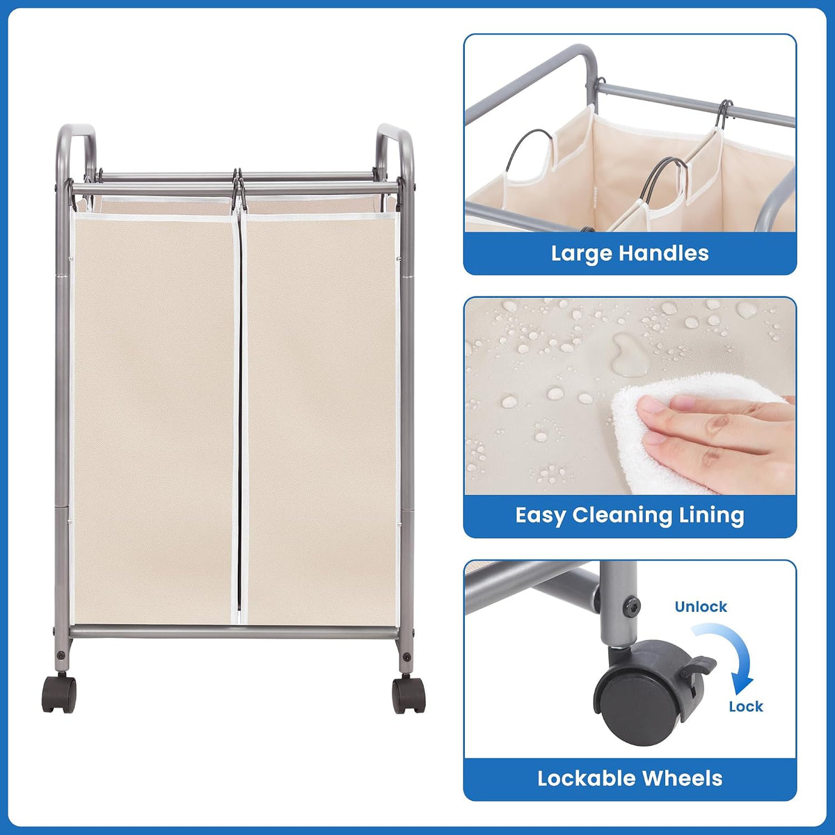 3 Section Laundry Sorter, 35.6 Gal (135 L) Laundry Hamper Cart with Heavy Duty Rolling Lockable Wheels and Removable Bags, Clothes Organizer Basket Separator Hamper, Gray