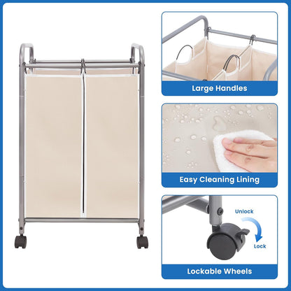 3 Section Laundry Sorter, 35.6 Gal (135 L) Laundry Hamper Cart with Heavy Duty Rolling Lockable Wheels and Removable Bags, Clothes Organizer Basket Separator Hamper, Gray