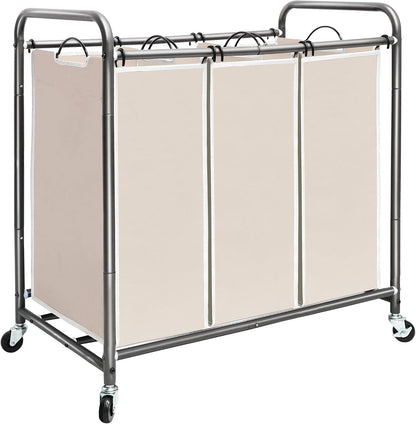 3 Section Laundry Sorter, 35.6 Gal (135 L) Laundry Hamper Cart with Heavy Duty Rolling Lockable Wheels and Removable Bags, Clothes Organizer Basket Separator Hamper, Gray