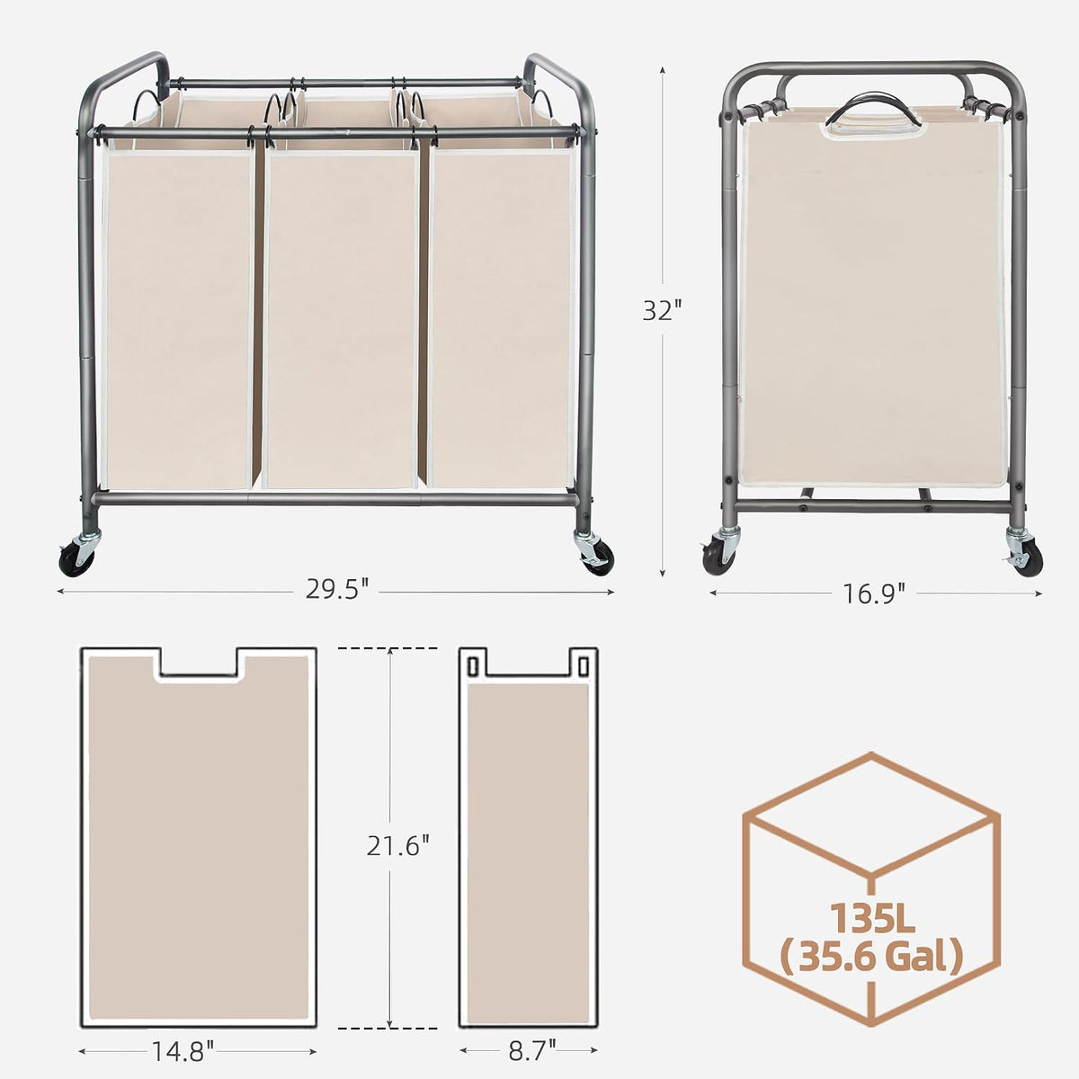 3 Section Laundry Sorter, 35.6 Gal (135 L) Laundry Hamper Cart with Heavy Duty Rolling Lockable Wheels and Removable Bags, Clothes Organizer Basket Separator Hamper, Gray