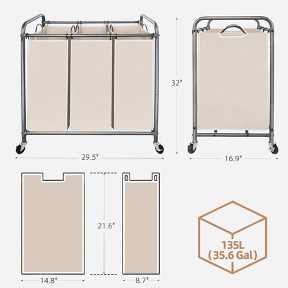 3 Section Laundry Sorter, 35.6 Gal (135 L) Laundry Hamper Cart with Heavy Duty Rolling Lockable Wheels and Removable Bags, Clothes Organizer Basket Separator Hamper, Gray