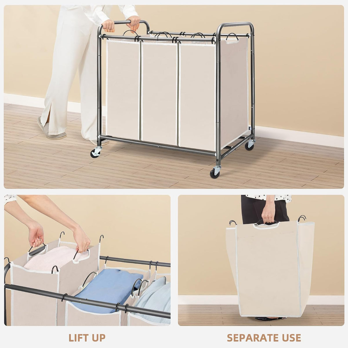 3 Section Laundry Sorter, 35.6 Gal (135 L) Laundry Hamper Cart with Heavy Duty Rolling Lockable Wheels and Removable Bags, Clothes Organizer Basket Separator Hamper, Gray
