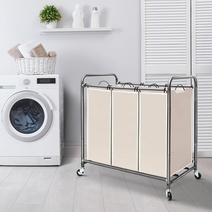 3 Section Laundry Sorter, 35.6 Gal (135 L) Laundry Hamper Cart with Heavy Duty Rolling Lockable Wheels and Removable Bags, Clothes Organizer Basket Separator Hamper, Gray