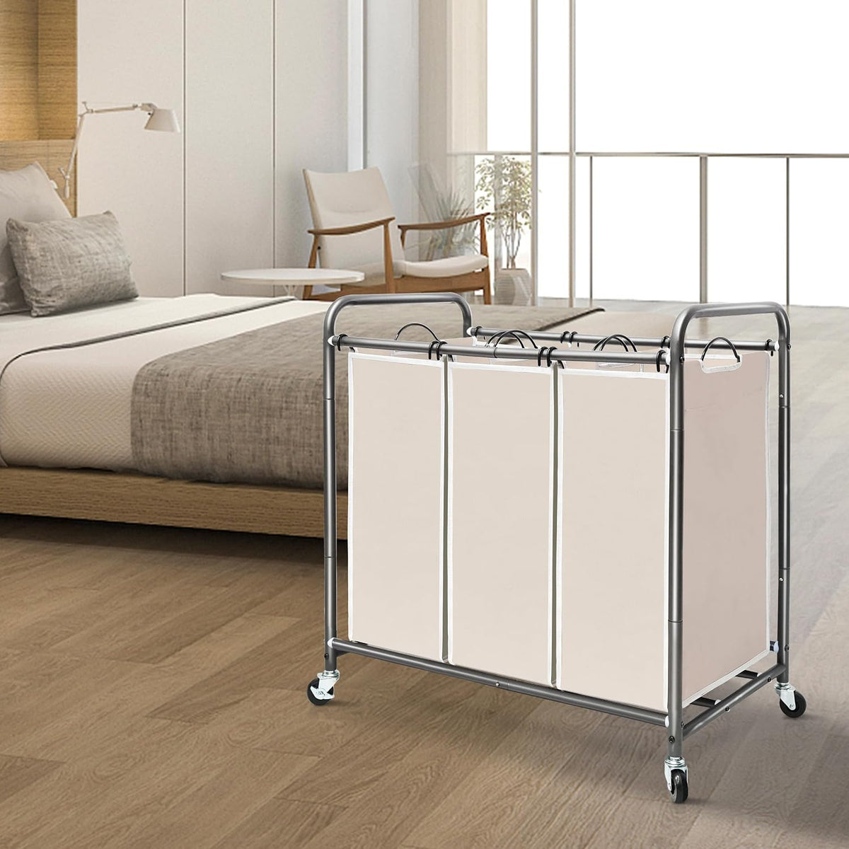 3 Section Laundry Sorter, 35.6 Gal (135 L) Laundry Hamper Cart with Heavy Duty Rolling Lockable Wheels and Removable Bags, Clothes Organizer Basket Separator Hamper, Gray