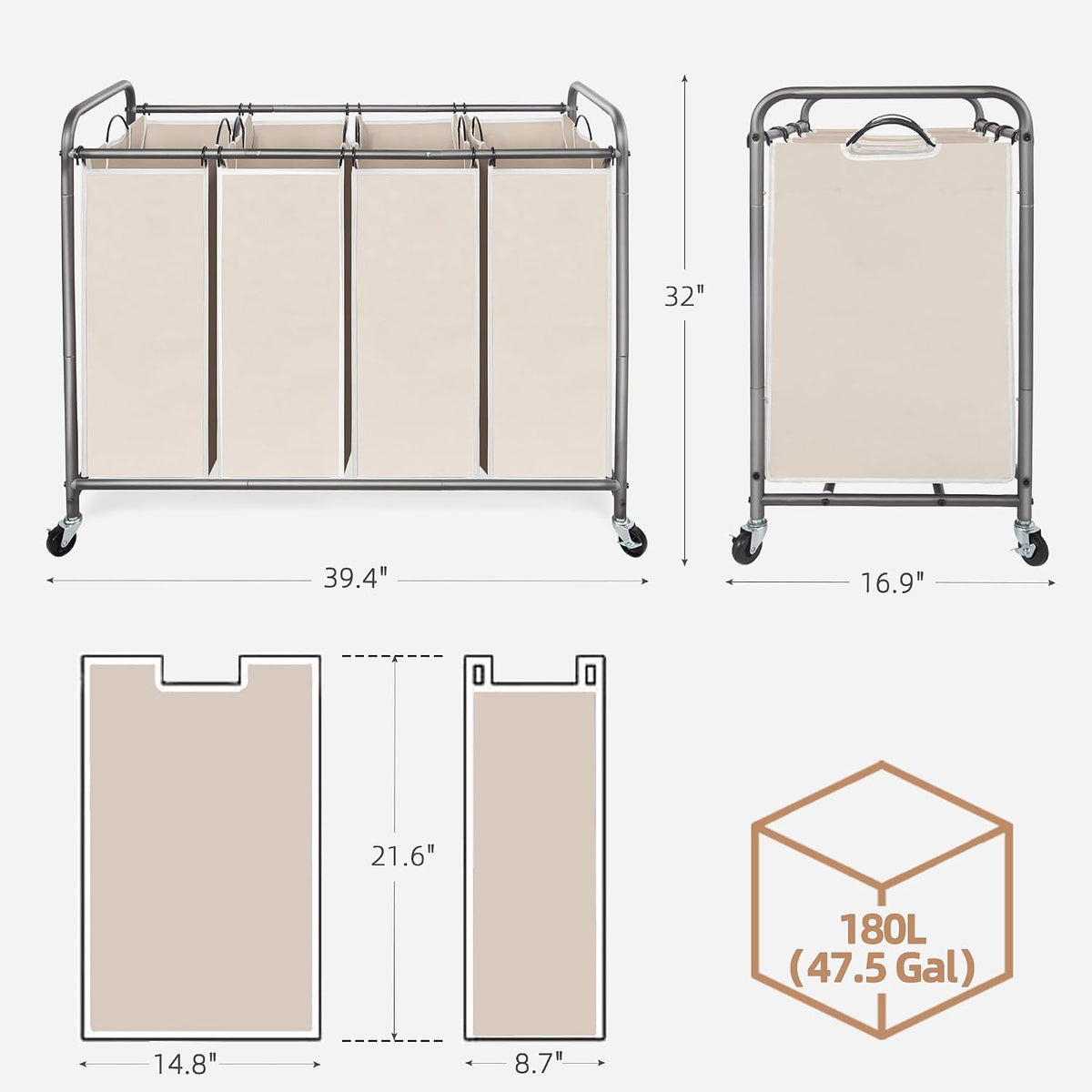 3 Section Laundry Sorter, 35.6 Gal (135 L) Laundry Hamper Cart with Heavy Duty Rolling Lockable Wheels and Removable Bags, Clothes Organizer Basket Separator Hamper, Gray