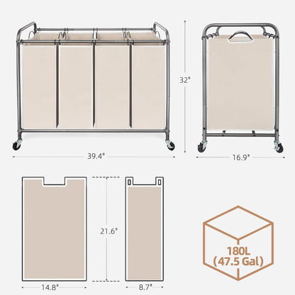 3 Section Laundry Sorter, 35.6 Gal (135 L) Laundry Hamper Cart with Heavy Duty Rolling Lockable Wheels and Removable Bags, Clothes Organizer Basket Separator Hamper, Gray