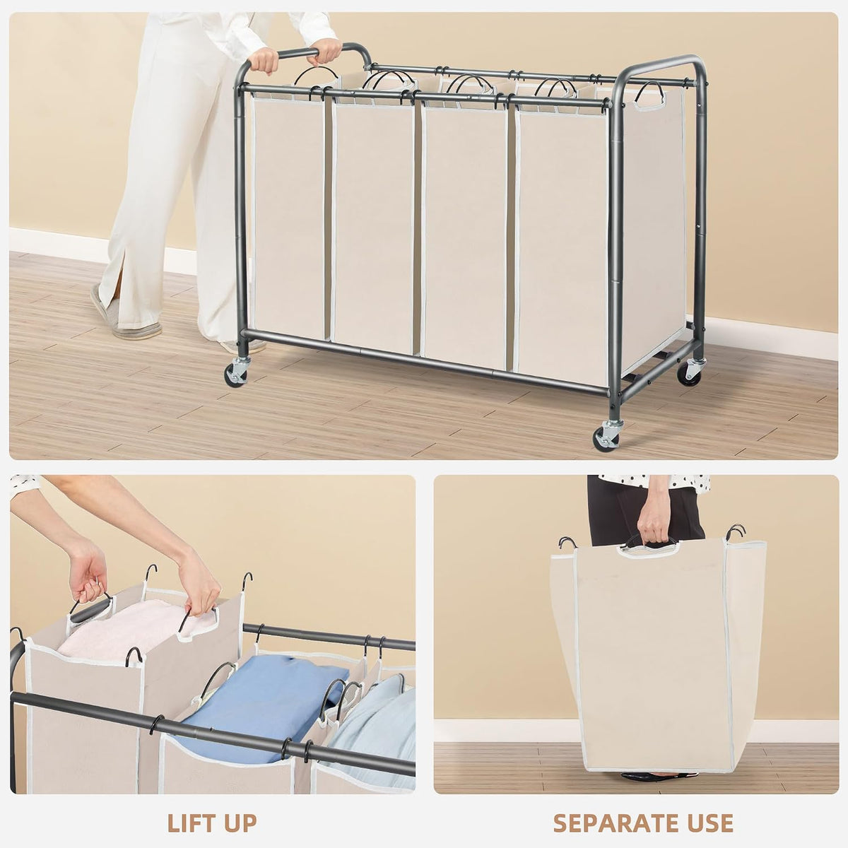 3 Section Laundry Sorter, 35.6 Gal (135 L) Laundry Hamper Cart with Heavy Duty Rolling Lockable Wheels and Removable Bags, Clothes Organizer Basket Separator Hamper, Gray