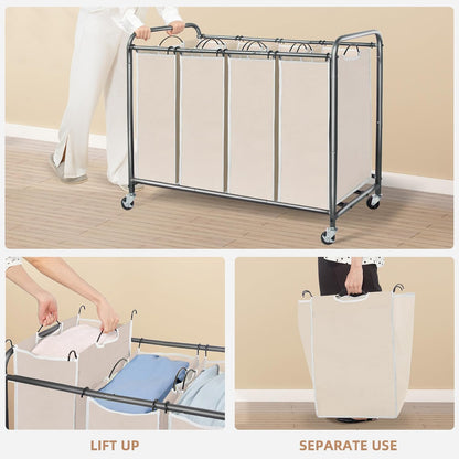 3 Section Laundry Sorter, 35.6 Gal (135 L) Laundry Hamper Cart with Heavy Duty Rolling Lockable Wheels and Removable Bags, Clothes Organizer Basket Separator Hamper, Gray