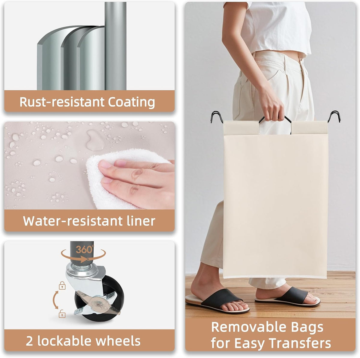 3 Section Laundry Sorter, 35.6 Gal (135 L) Laundry Hamper Cart with Heavy Duty Rolling Lockable Wheels and Removable Bags, Clothes Organizer Basket Separator Hamper, Gray