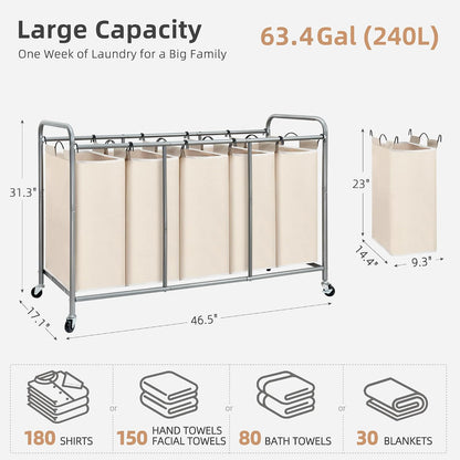 3 Section Laundry Sorter, 35.6 Gal (135 L) Laundry Hamper Cart with Heavy Duty Rolling Lockable Wheels and Removable Bags, Clothes Organizer Basket Separator Hamper, Gray