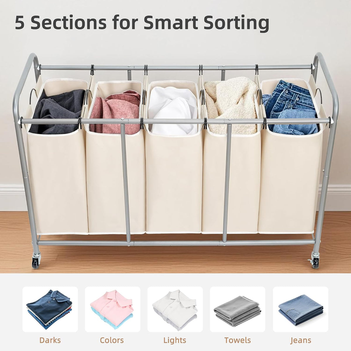 3 Section Laundry Sorter, 35.6 Gal (135 L) Laundry Hamper Cart with Heavy Duty Rolling Lockable Wheels and Removable Bags, Clothes Organizer Basket Separator Hamper, Gray