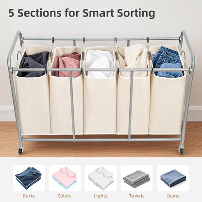 3 Section Laundry Sorter, 35.6 Gal (135 L) Laundry Hamper Cart with Heavy Duty Rolling Lockable Wheels and Removable Bags, Clothes Organizer Basket Separator Hamper, Gray