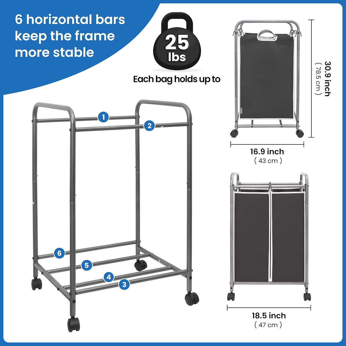 3 Section Laundry Sorter, 35.6 Gal (135 L) Laundry Hamper Cart with Heavy Duty Rolling Lockable Wheels and Removable Bags, Clothes Organizer Basket Separator Hamper, Gray