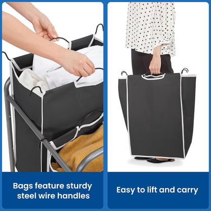 3 Section Laundry Sorter, 35.6 Gal (135 L) Laundry Hamper Cart with Heavy Duty Rolling Lockable Wheels and Removable Bags, Clothes Organizer Basket Separator Hamper, Gray