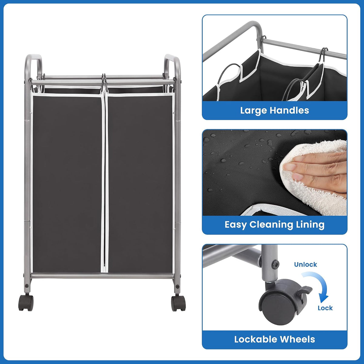 3 Section Laundry Sorter, 35.6 Gal (135 L) Laundry Hamper Cart with Heavy Duty Rolling Lockable Wheels and Removable Bags, Clothes Organizer Basket Separator Hamper, Gray