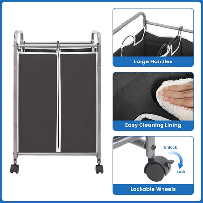 3 Section Laundry Sorter, 35.6 Gal (135 L) Laundry Hamper Cart with Heavy Duty Rolling Lockable Wheels and Removable Bags, Clothes Organizer Basket Separator Hamper, Gray