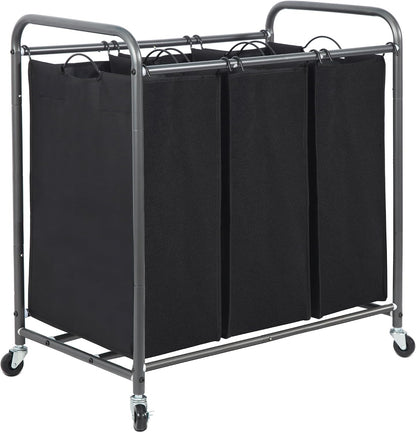 3 Section Laundry Sorter, 35.6 Gal (135 L) Laundry Hamper Cart with Heavy Duty Rolling Lockable Wheels and Removable Bags, Clothes Organizer Basket Separator Hamper, Gray