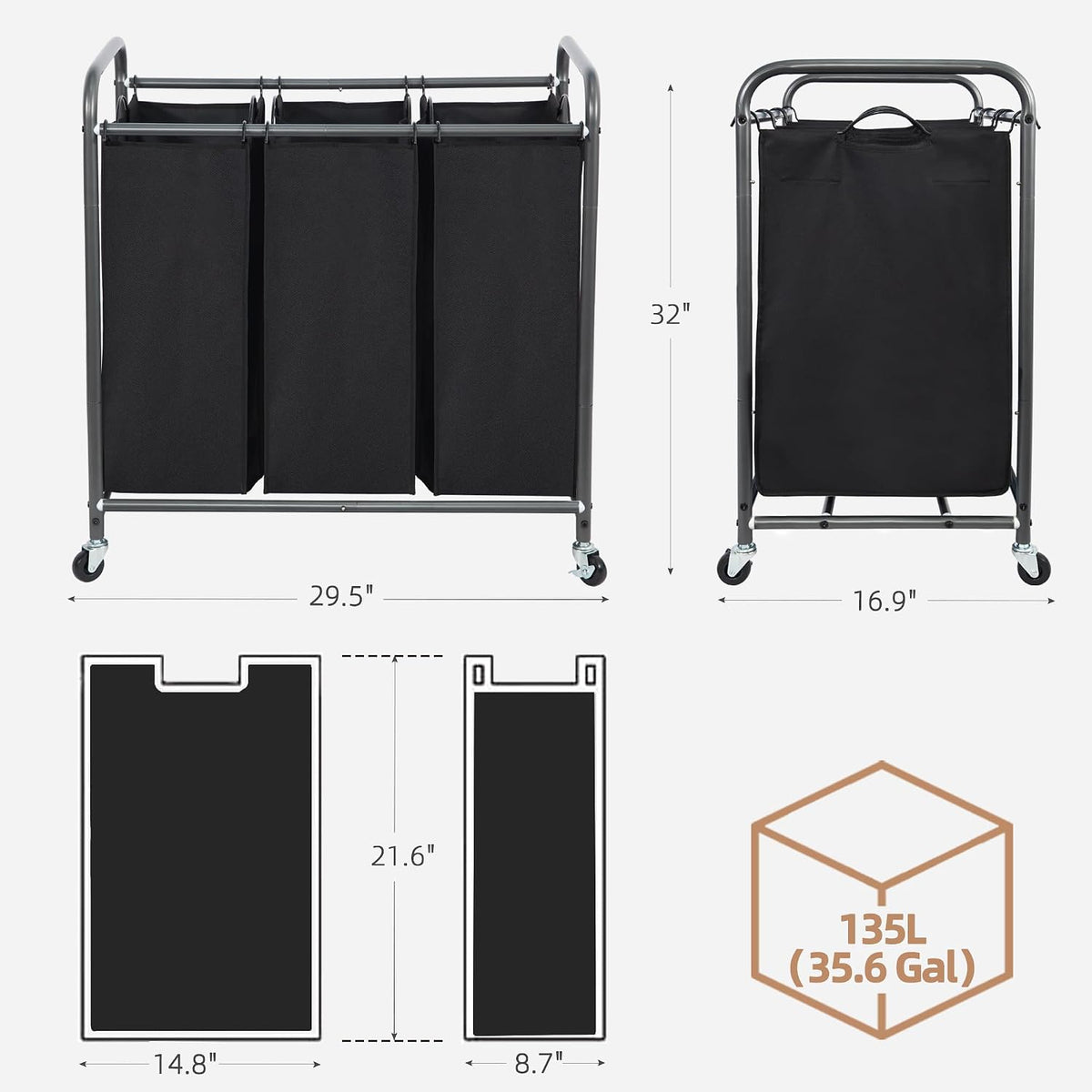 3 Section Laundry Sorter, 35.6 Gal (135 L) Laundry Hamper Cart with Heavy Duty Rolling Lockable Wheels and Removable Bags, Clothes Organizer Basket Separator Hamper, Gray