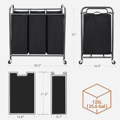 3 Section Laundry Sorter, 35.6 Gal (135 L) Laundry Hamper Cart with Heavy Duty Rolling Lockable Wheels and Removable Bags, Clothes Organizer Basket Separator Hamper, Gray