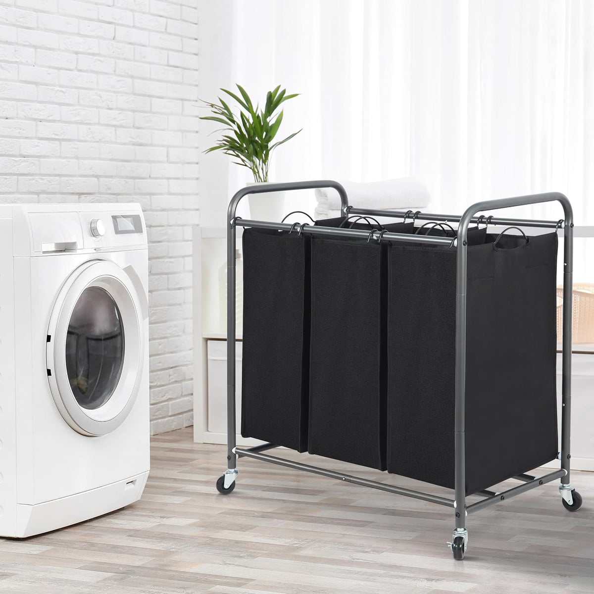 3 Section Laundry Sorter, 35.6 Gal (135 L) Laundry Hamper Cart with Heavy Duty Rolling Lockable Wheels and Removable Bags, Clothes Organizer Basket Separator Hamper, Gray