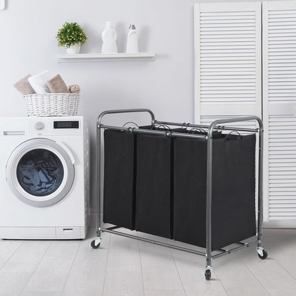 3 Section Laundry Sorter, 35.6 Gal (135 L) Laundry Hamper Cart with Heavy Duty Rolling Lockable Wheels and Removable Bags, Clothes Organizer Basket Separator Hamper, Gray