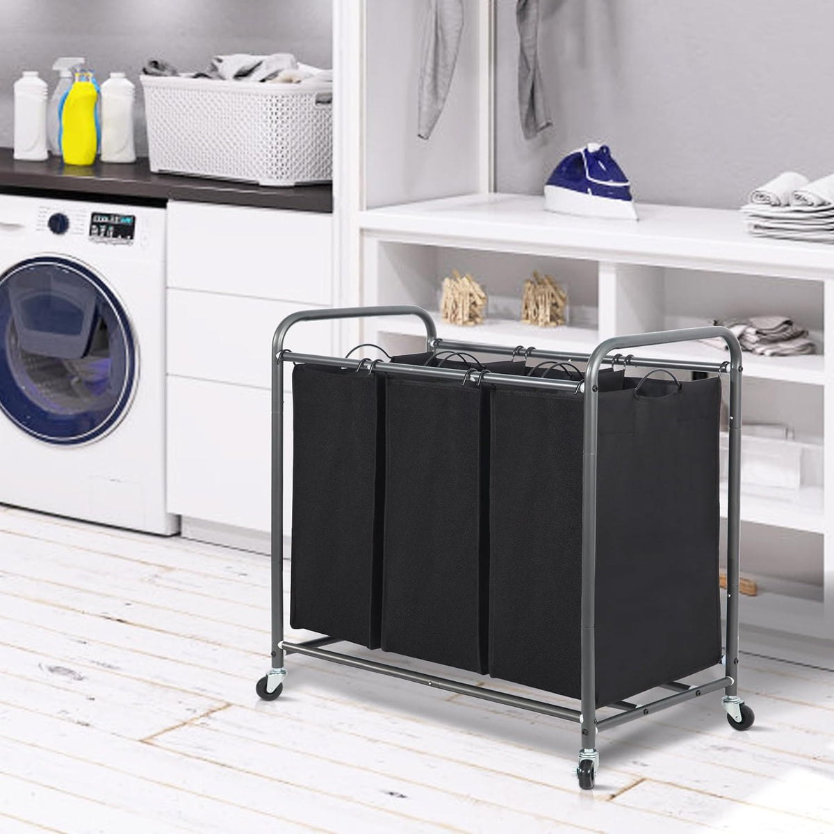 3 Section Laundry Sorter, 35.6 Gal (135 L) Laundry Hamper Cart with Heavy Duty Rolling Lockable Wheels and Removable Bags, Clothes Organizer Basket Separator Hamper, Gray