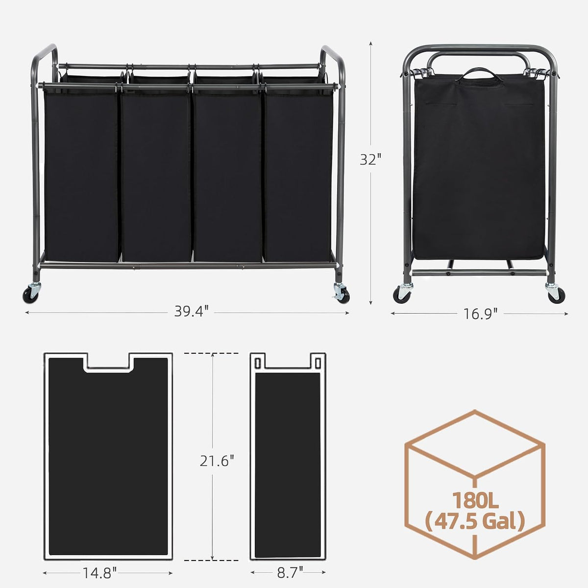 3 Section Laundry Sorter, 35.6 Gal (135 L) Laundry Hamper Cart with Heavy Duty Rolling Lockable Wheels and Removable Bags, Clothes Organizer Basket Separator Hamper, Gray