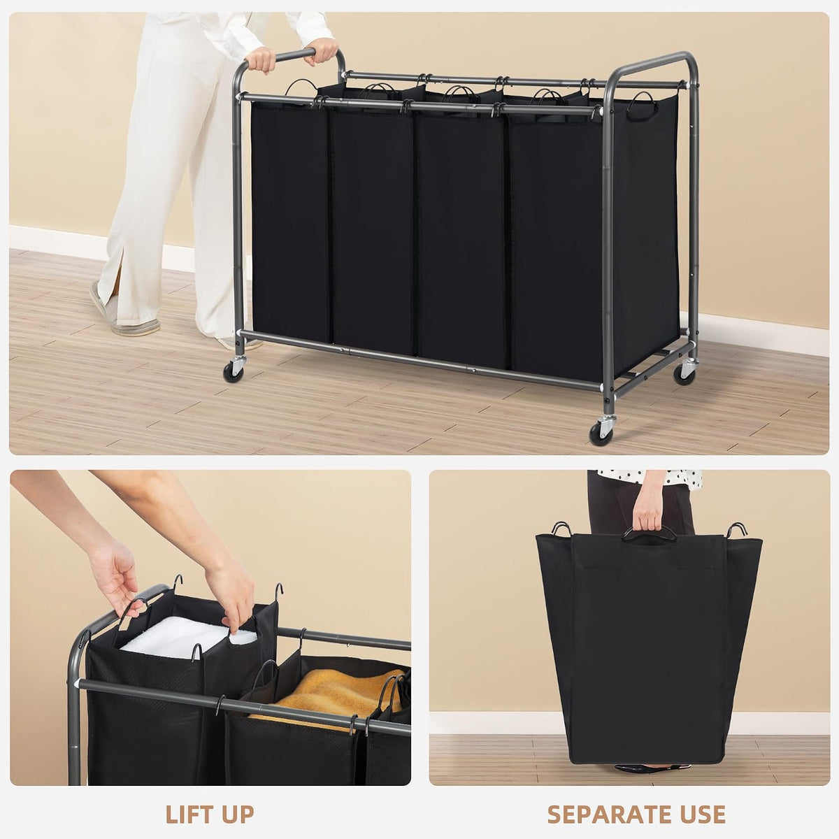 3 Section Laundry Sorter, 35.6 Gal (135 L) Laundry Hamper Cart with Heavy Duty Rolling Lockable Wheels and Removable Bags, Clothes Organizer Basket Separator Hamper, Gray