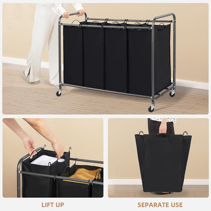 3 Section Laundry Sorter, 35.6 Gal (135 L) Laundry Hamper Cart with Heavy Duty Rolling Lockable Wheels and Removable Bags, Clothes Organizer Basket Separator Hamper, Gray