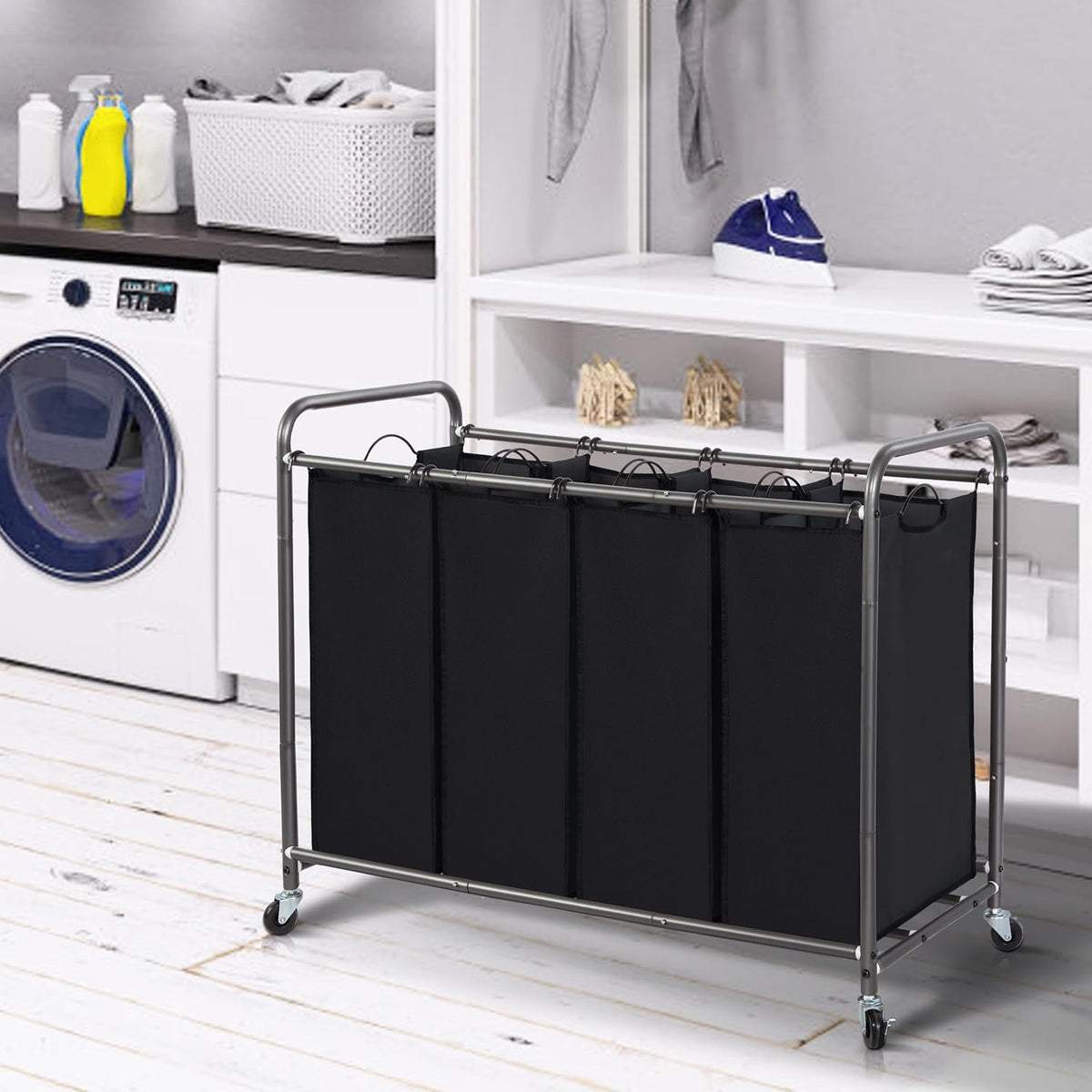 3 Section Laundry Sorter, 35.6 Gal (135 L) Laundry Hamper Cart with Heavy Duty Rolling Lockable Wheels and Removable Bags, Clothes Organizer Basket Separator Hamper, Gray