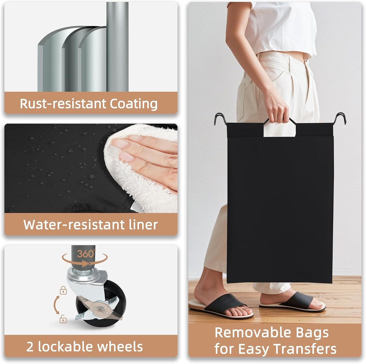 3 Section Laundry Sorter, 35.6 Gal (135 L) Laundry Hamper Cart with Heavy Duty Rolling Lockable Wheels and Removable Bags, Clothes Organizer Basket Separator Hamper, Gray