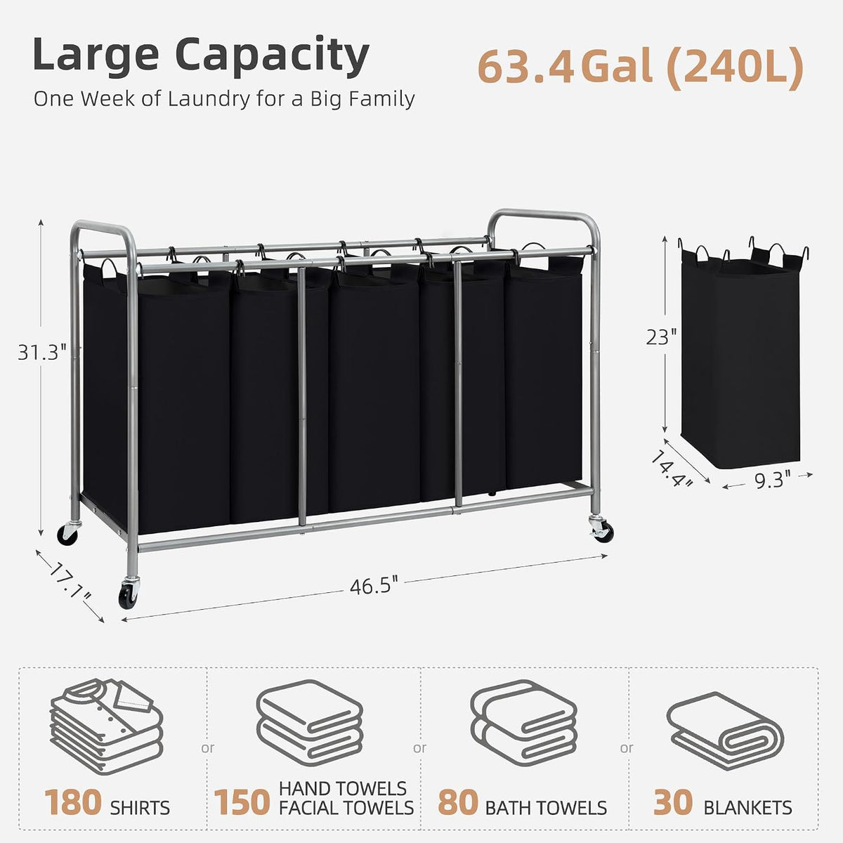 3 Section Laundry Sorter, 35.6 Gal (135 L) Laundry Hamper Cart with Heavy Duty Rolling Lockable Wheels and Removable Bags, Clothes Organizer Basket Separator Hamper, Gray