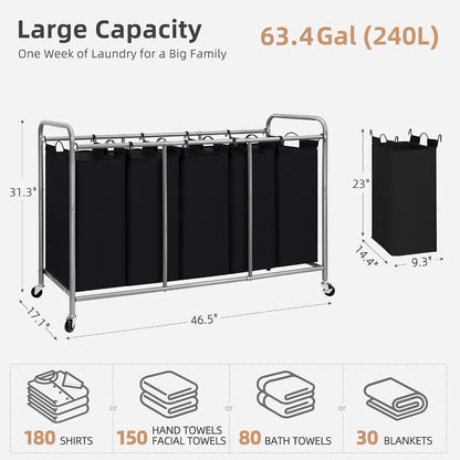 3 Section Laundry Sorter, 35.6 Gal (135 L) Laundry Hamper Cart with Heavy Duty Rolling Lockable Wheels and Removable Bags, Clothes Organizer Basket Separator Hamper, Gray